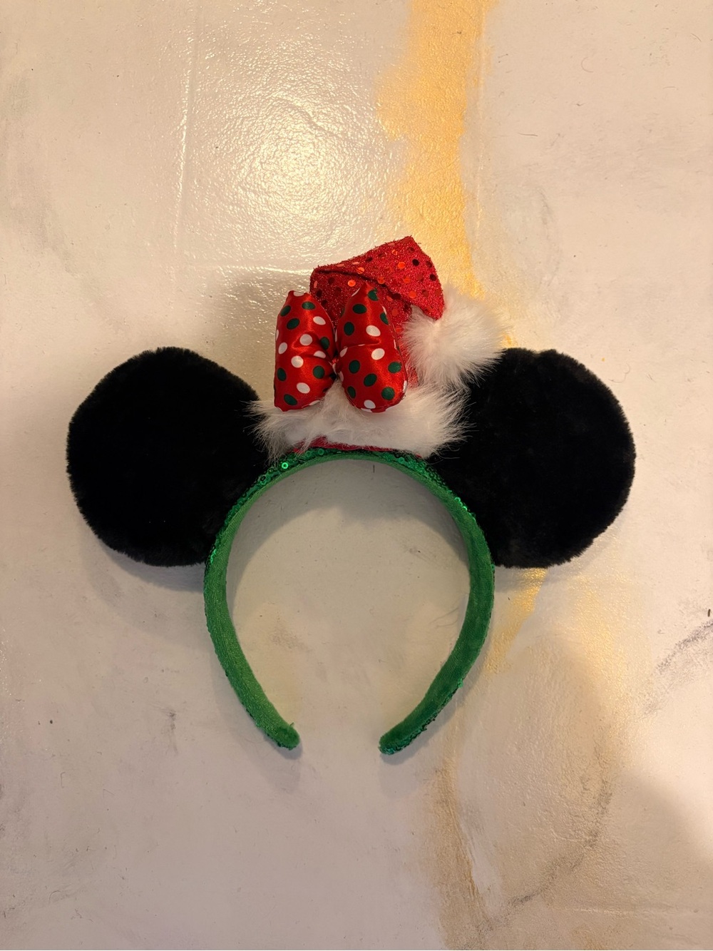 Disney Santa Minnie Ear Headband with Red Polka Dot Bow and Green Band